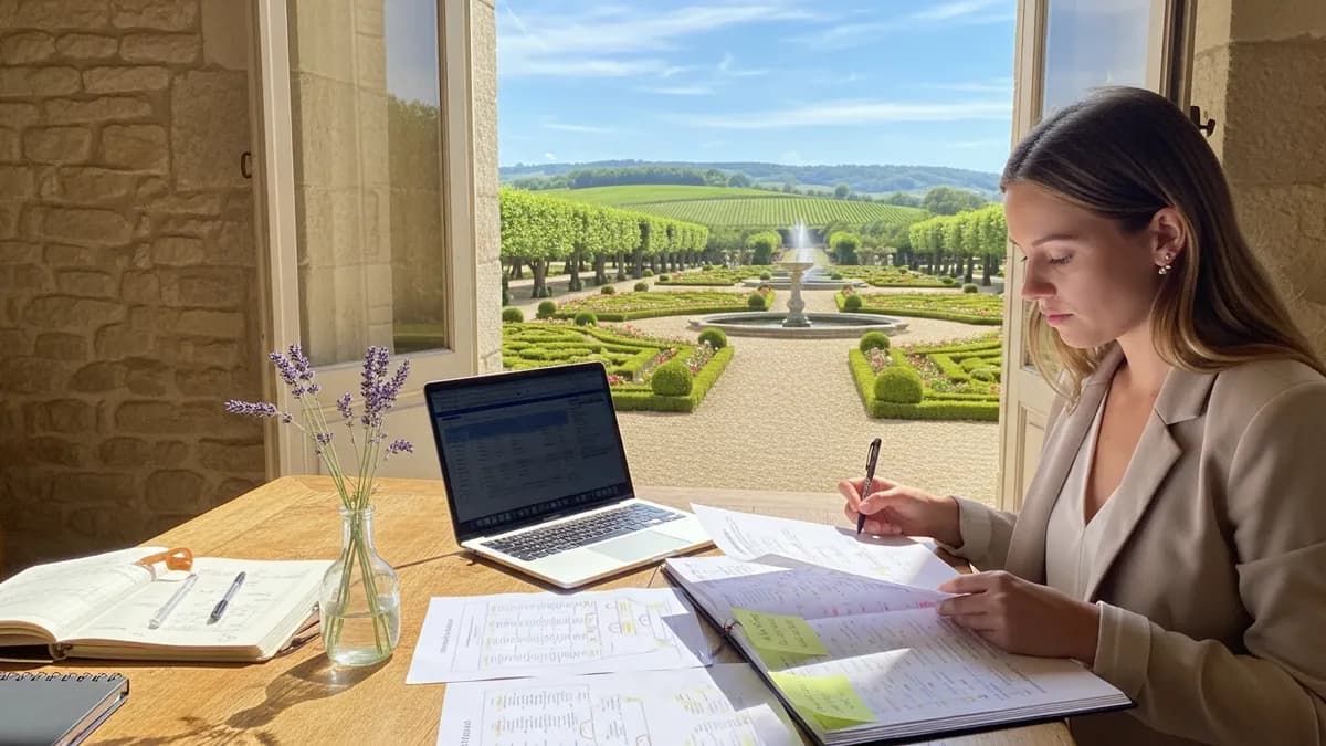 Manager junior en réunion de préparation de séminaire dans un château en Île-de-France