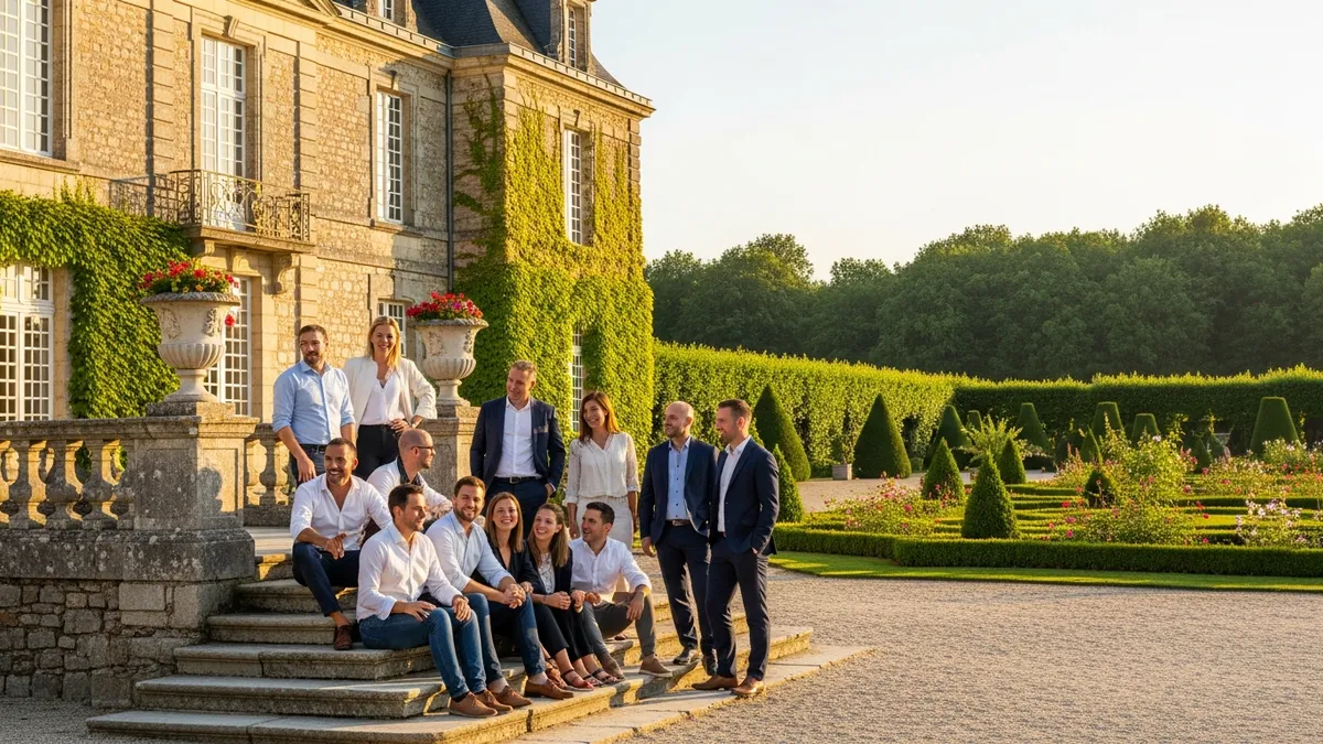 Groupe de collaborateurs souriants dans le parc d'un château des Hauts-de-Seine, ambiance détendue et professionnelle, séminaire entreprise marque employeur