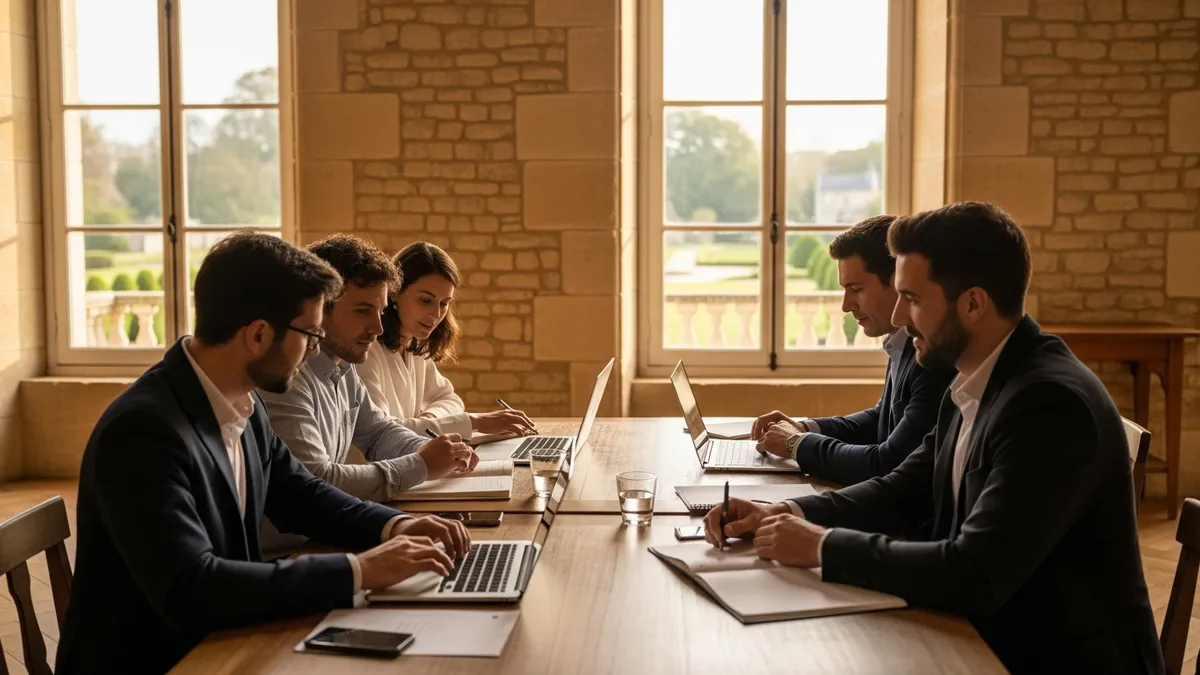 Atelier de mentorat inversé entre collaborateurs seniors et juniors dans une salle de réunion d'un château en Île-de-France