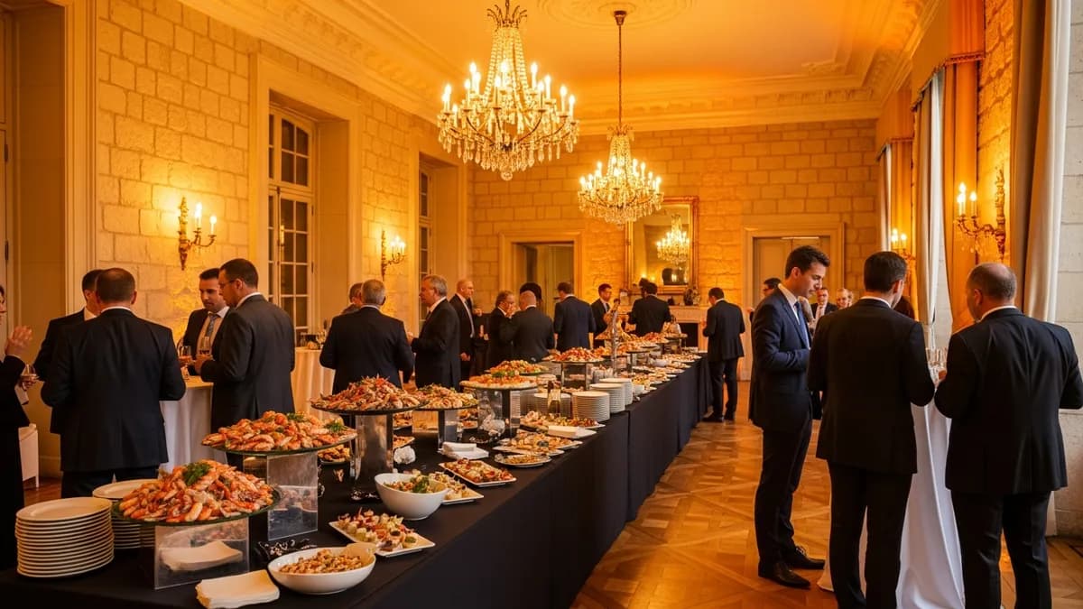Cocktail dînatoire dans le salon d'un château en Île-de-France, buffet élaboré, participants en tenue soirée