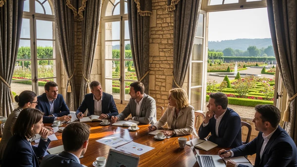 Salle de réunion intimiste dans un château en Île-de-France avec une table ronde et une dizaine de participants en tenue business casual, lumière naturelle dorée traversant de hautes fenêtres