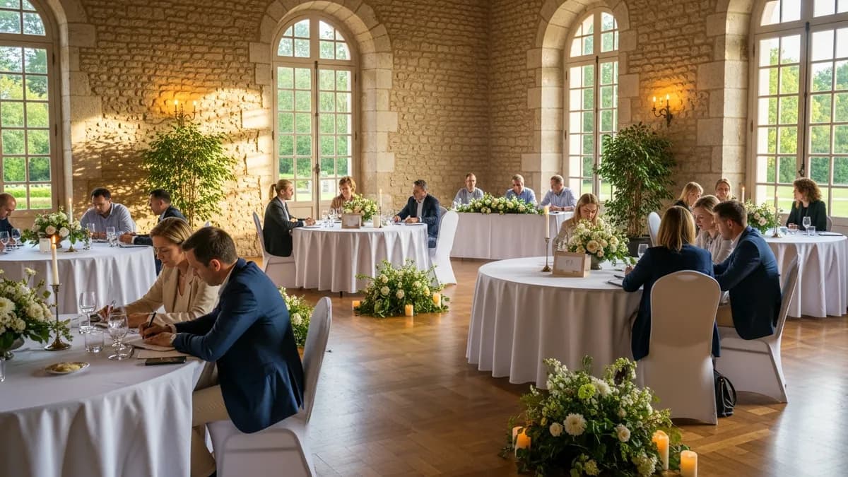 Salle de séminaire dans un château français avec tables en configuration U, éclairage chaud et décoration florale élégante