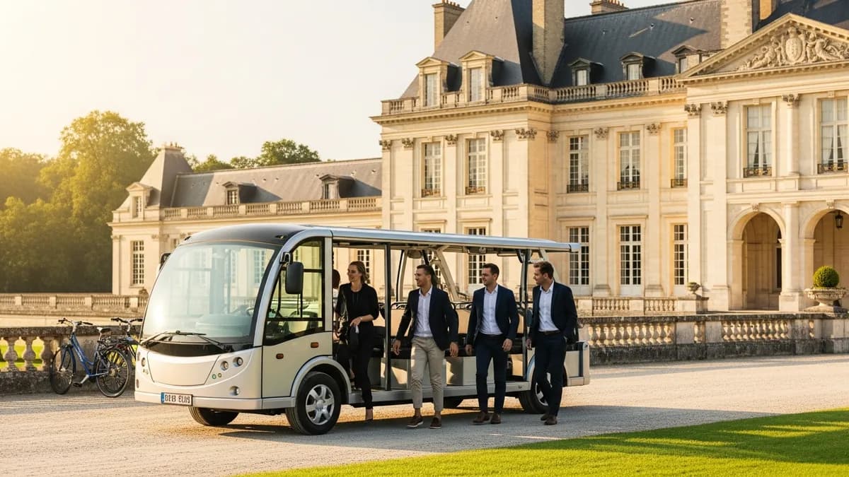 Navette électrique et vélos devant un château en Île-de-France lors d'un séminaire d'entreprise