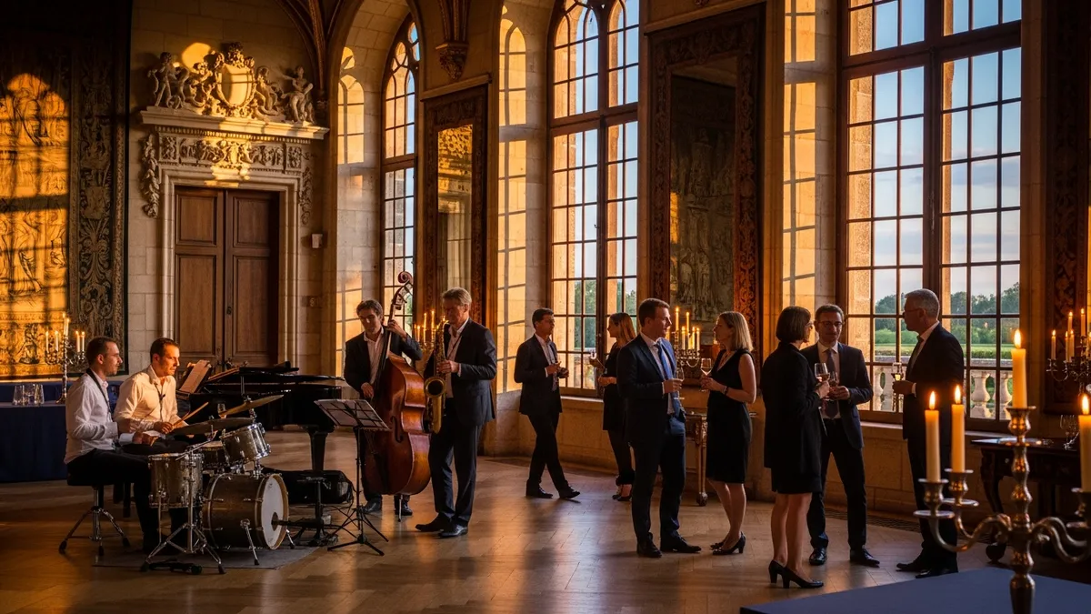 Quartet de jazz en performance lors d'un cocktail de séminaire dans le salon d'un château en Île-de-France, lumière dorée et invités en tenue business casual
