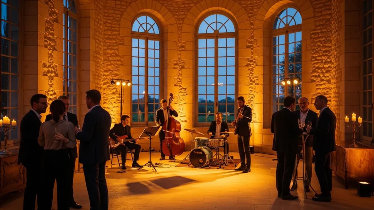 Jazz trio en performance dans la grande salle d'un château en Île-de-France lors d'une soirée de séminaire d'entreprise