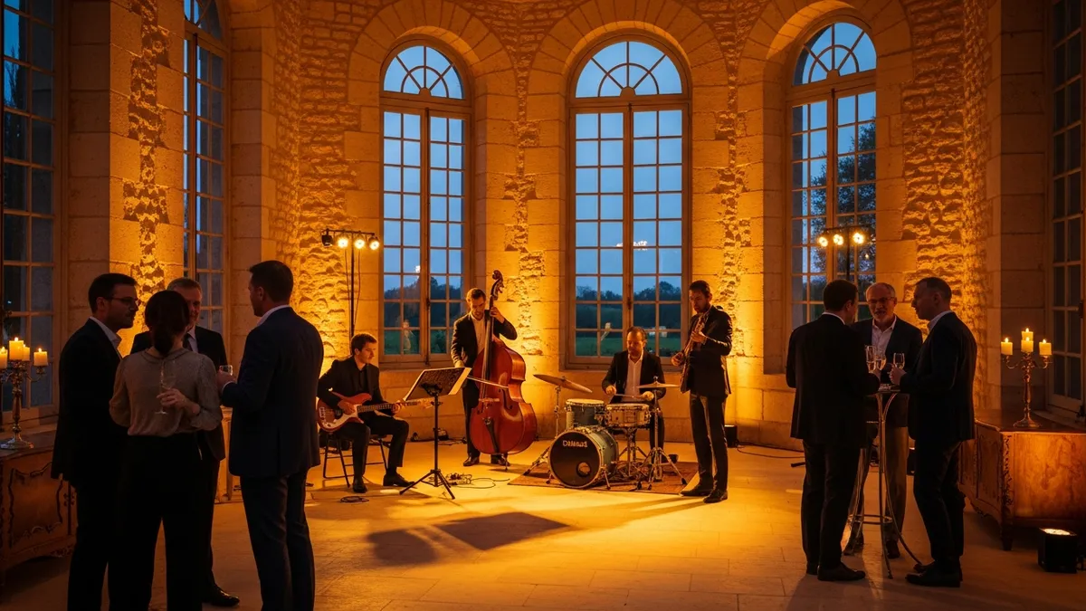 Jazz trio en performance dans la grande salle d'un château en Île-de-France lors d'une soirée de séminaire d'entreprise