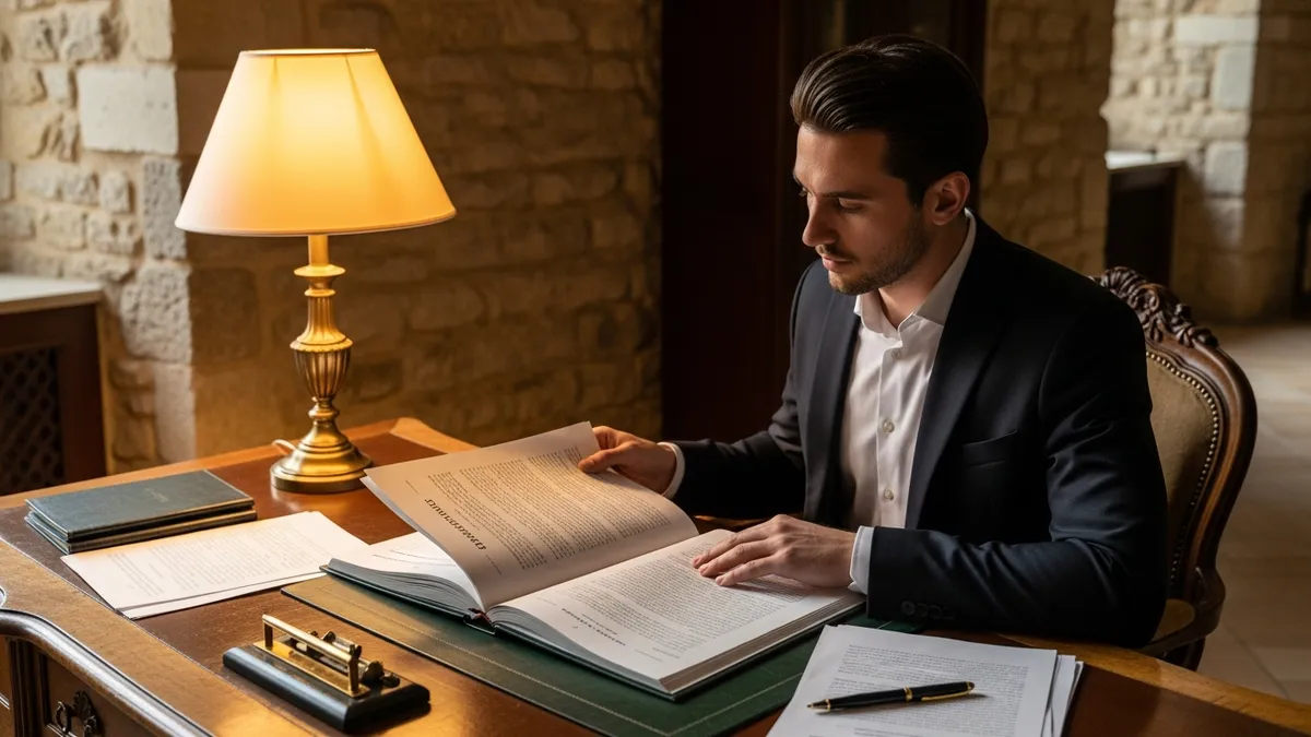 Organisateur de séminaire en château relisant un contrat de location de salle, documents et checklist sur bureau en bois ancien