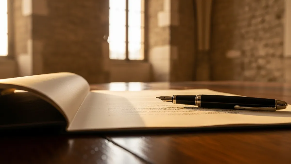 Négociation de contrat de séminaire en château, documents signés sur table en chêne, salle voûtée en pierre
