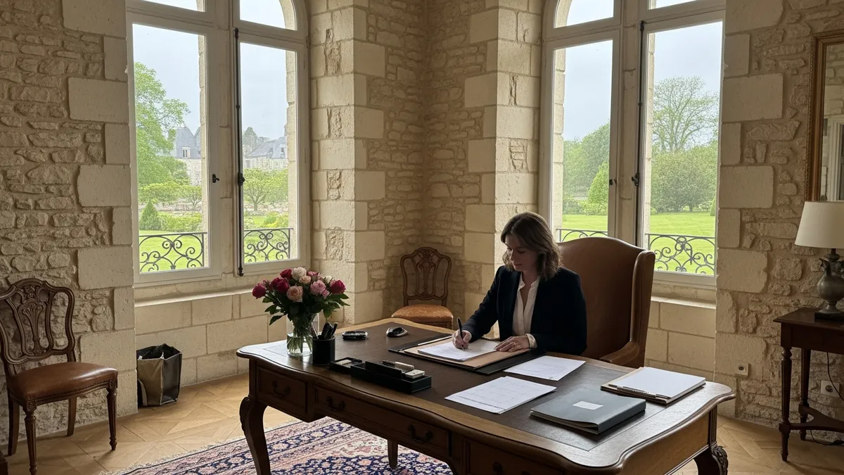 Consultante événementielle négociant un contrat dans un bureau élégant d'un château francilien, lumière naturelle, papiers et agenda sur la table