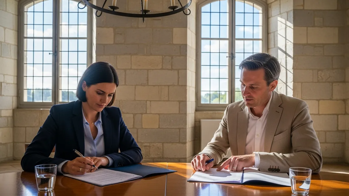 Réunion de négociation entre un responsable achats et un directeur de domaine événementiel en château, table de réunion élégante