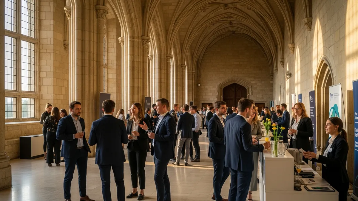 Journée portes ouvertes entreprise en château Île-de-France, hall d'entrée avec invités et stands