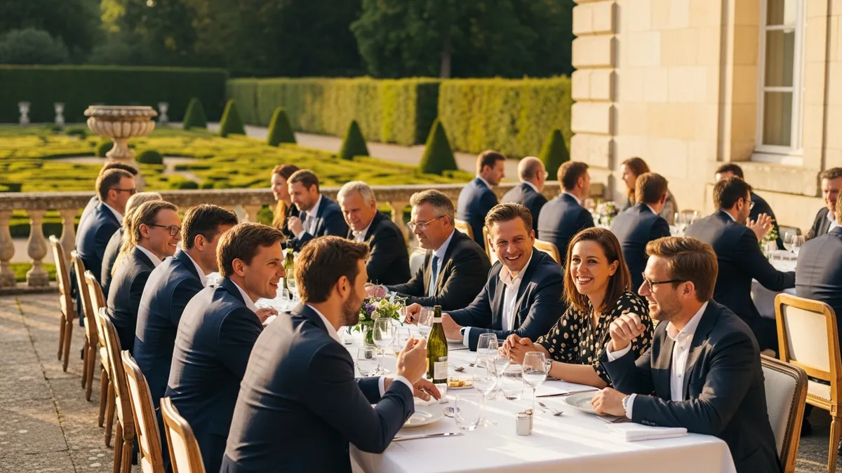 Pause déjeuner animée en château en Île-de-France, collaborateurs autour d'une table dressée dans un jardin à la française