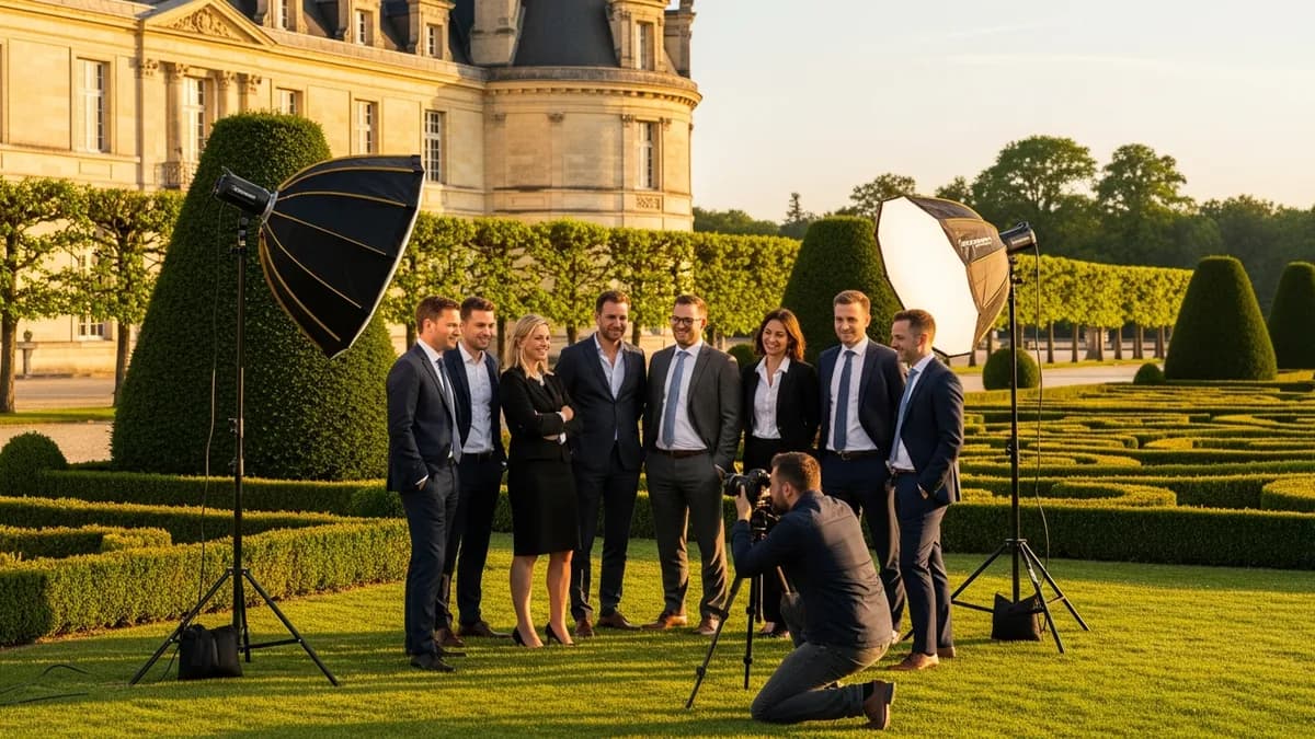Photographe professionnel en train de réaliser des portraits d'équipe dans le parc d'un château d'Île-de-France lors d'un séminaire d'entreprise