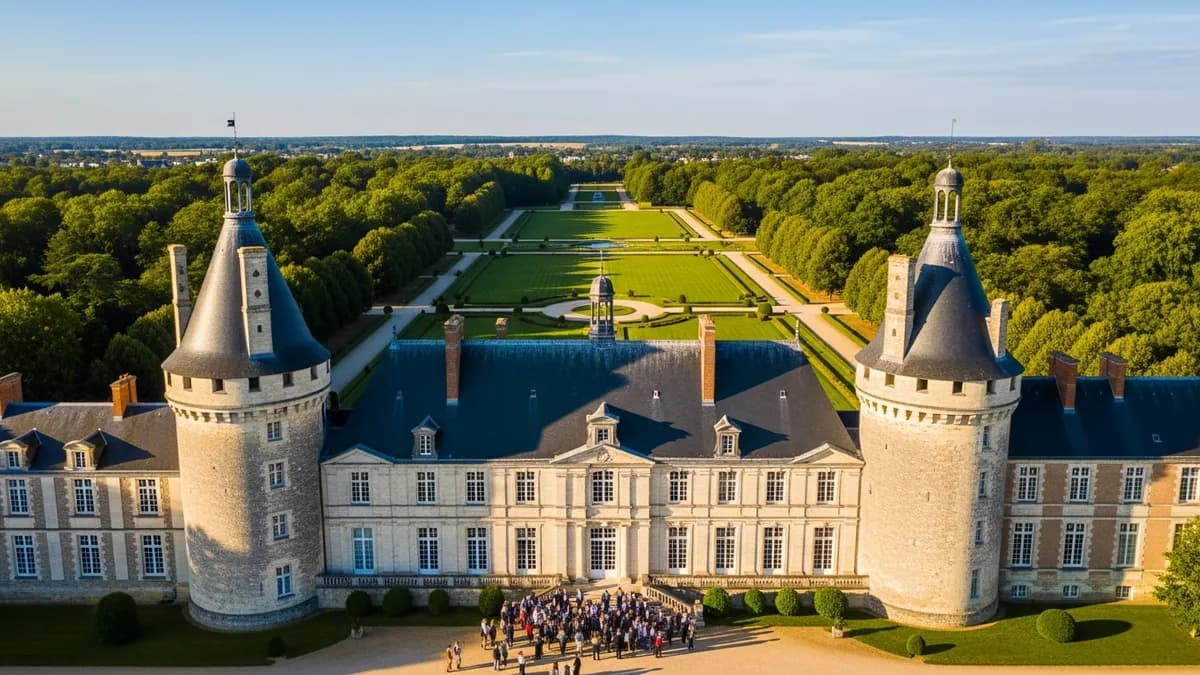 Vue aérienne par drone d'un château en Île-de-France lors d'un séminaire d'entreprise, jardins à la française, lumière dorée estivale