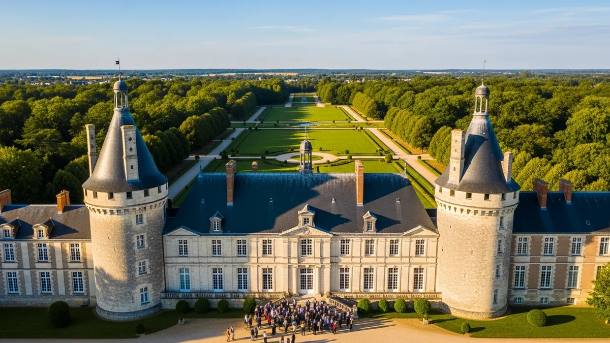 Vue aérienne par drone d'un château en Île-de-France lors d'un séminaire d'entreprise, jardins à la française, lumière dorée estivale