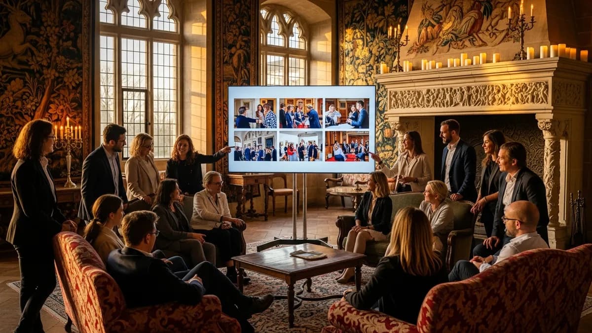 Équipe d'entreprise regardant des photos de séminaire sur un écran dans un château en Île-de-France, ambiance chaleureuse post-événement
