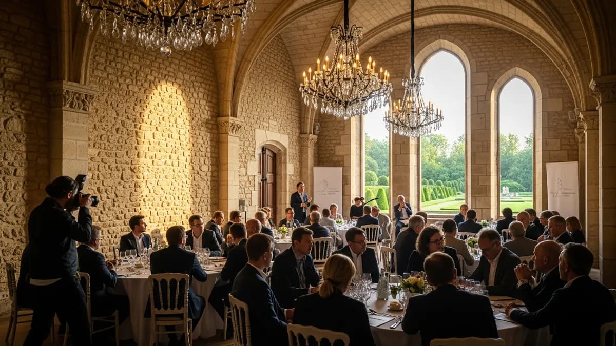 Photographe professionnel capturant une session de séminaire dans une salle lumineuse d'un château en Île-de-France