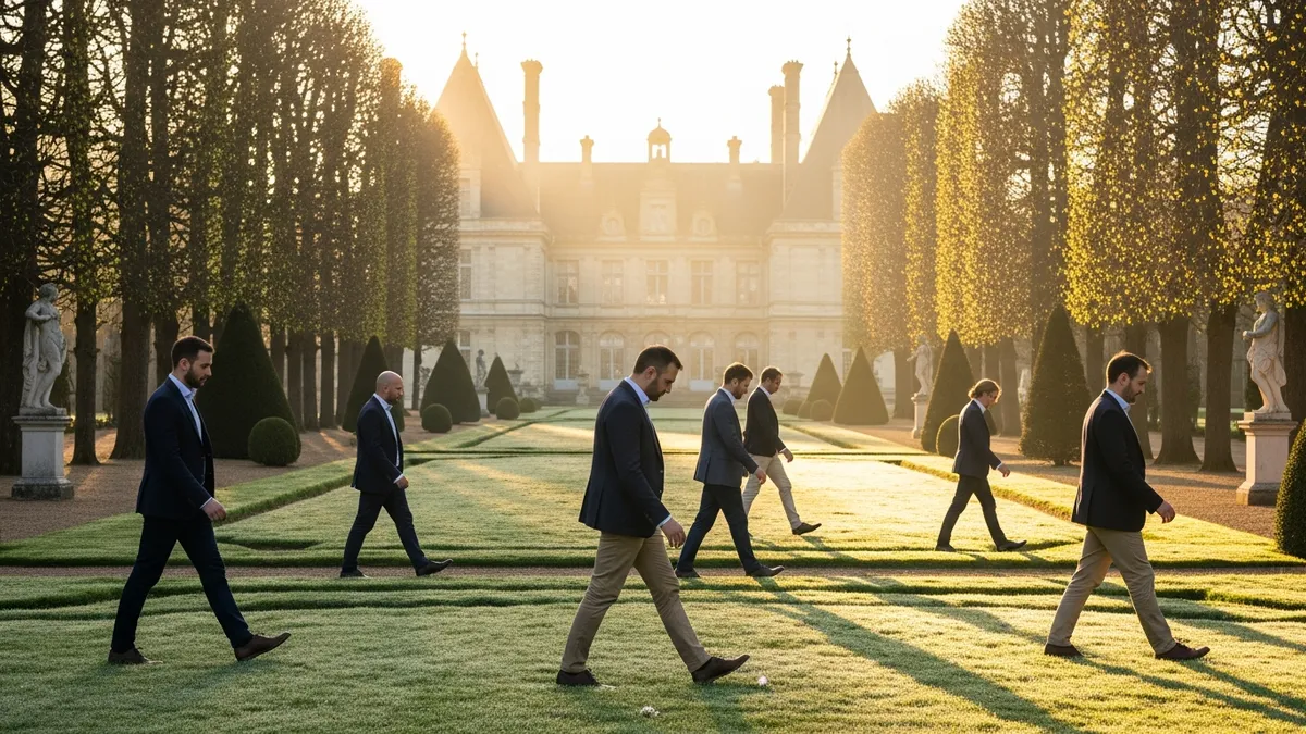 Participants en séminaire château pratiquant la pleine conscience dans un parc à la française à l'aube, atmosphère sereine