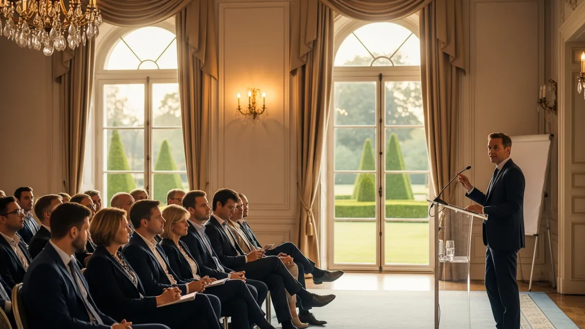 Dirigeant animant une plénière d'ouverture de séminaire dans la grande salle d'un château en Île-de-France, collaborateurs attentifs, lumière naturelle