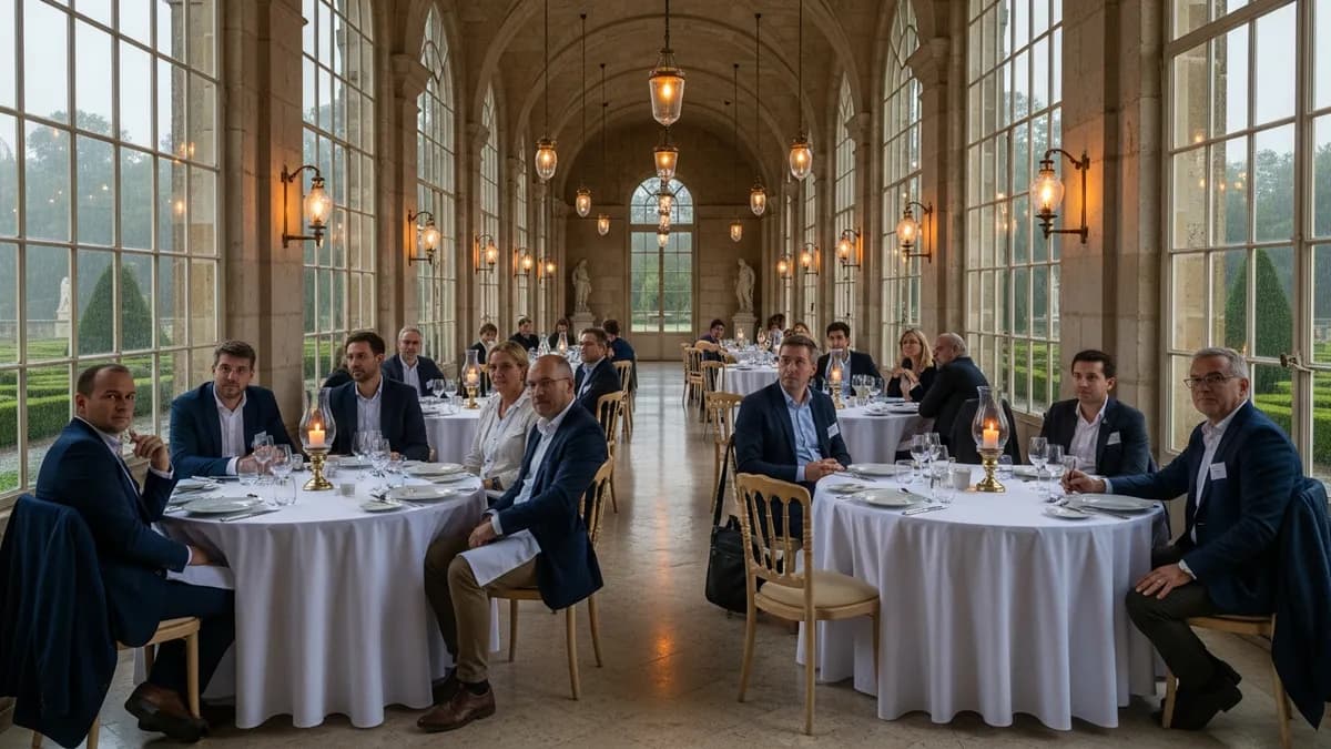 Salle de séminaire en château avec vue sur jardin sous la pluie, ambiance cosy et chaleureuse, lumière tamisée