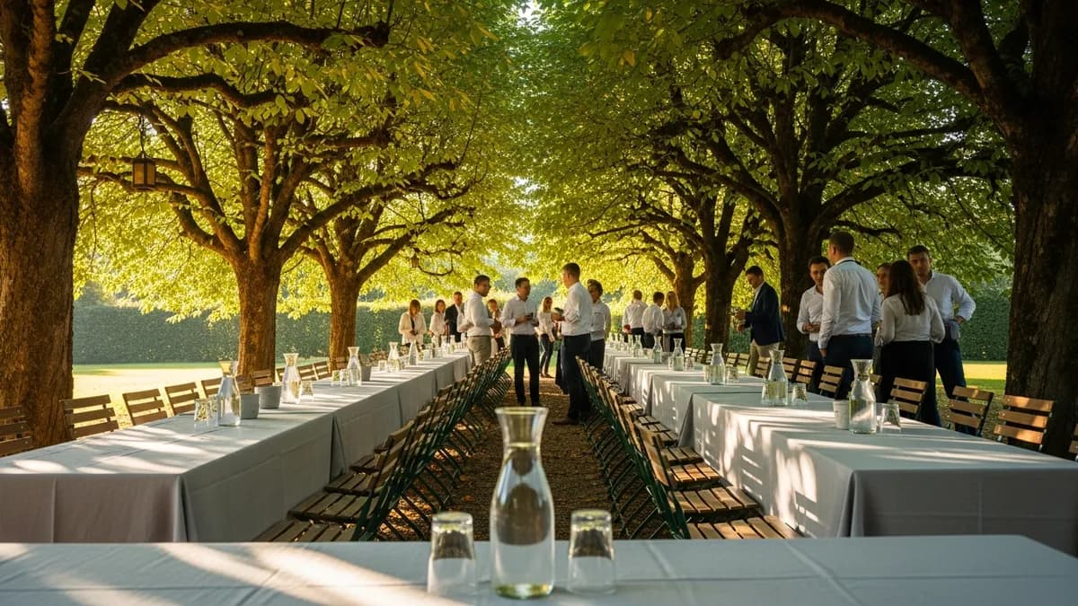 Collaborateurs en séminaire dans le parc ombragé d'un château en Île-de-France en été, tables dressées à l'ombre des arbres, ambiance détendue et fraîche