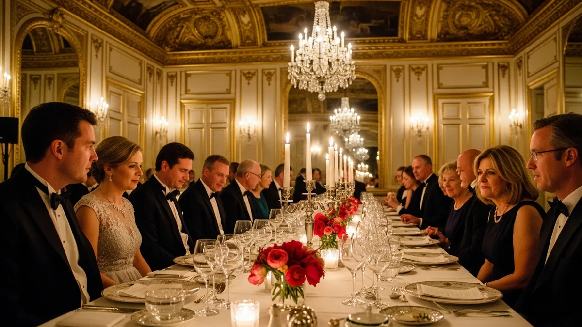 Dîner de gala corporate dans une salle de château française, table dressée avec vaisselle fine, bougies et centre de table floral, invités en tenue de soirée, lumière dorée