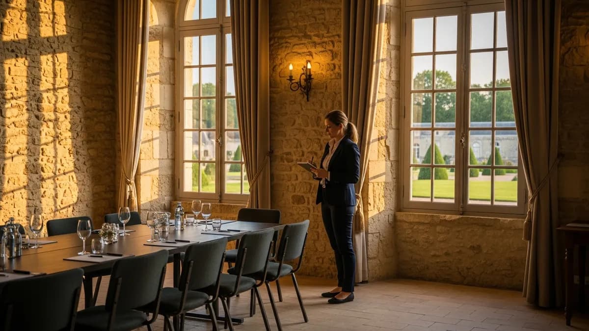 Consultante événementielle inspectant une salle de réunion dans un château français, lumière naturelle, mobilier classique