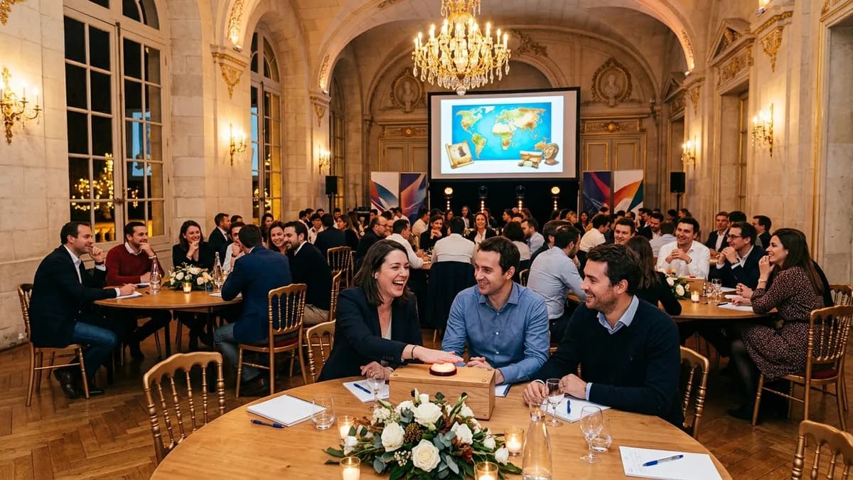 Équipes d'entreprise participant à un quiz animé dans une grande salle de château en Île-de-France, écran de projection, ambiance festive et compétitive