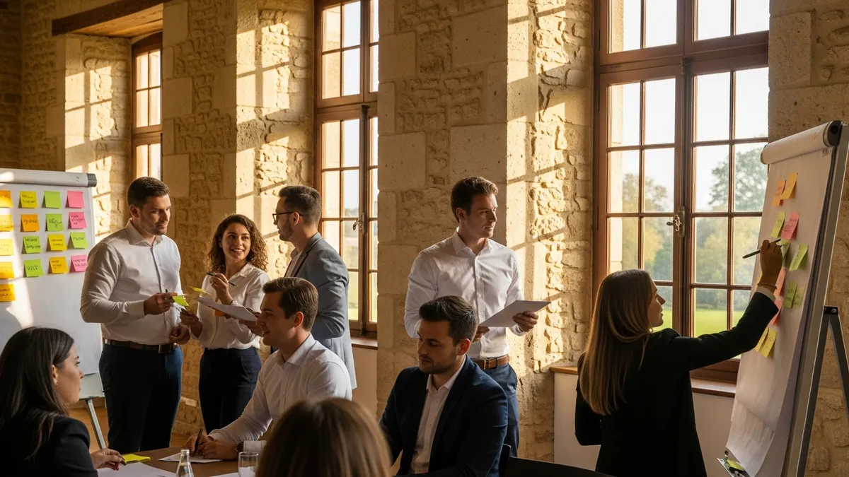 Collaborateur rédigeant un rapport d'étonnement lors d'un atelier en château en Île-de-France