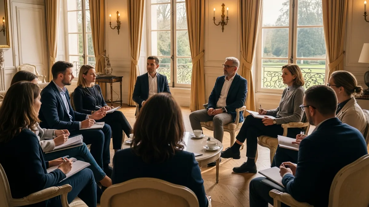 Groupe de jeunes professionnels et managers expérimentés en cercle d'échange dans le salon d'un château français, ambiance conviviale et lumière naturelle, parc visible en arrière-plan
