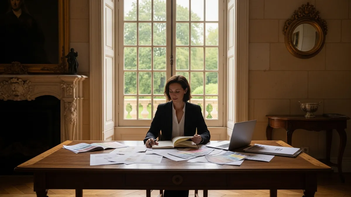Consultante événementielle rédigeant un brief créatif sur une table en bois dans le bureau d'un château en Île-de-France
