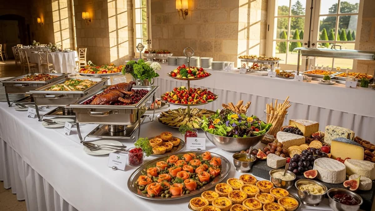 Table de buffet d'un séminaire en château avec options végétariennes, veganes et sans gluten clairement identifiées par des étiquettes élégantes