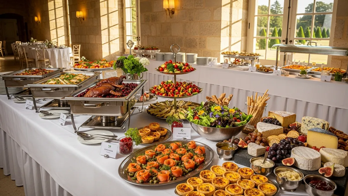 Table de buffet d'un séminaire en château avec options végétariennes, veganes et sans gluten clairement identifiées par des étiquettes élégantes