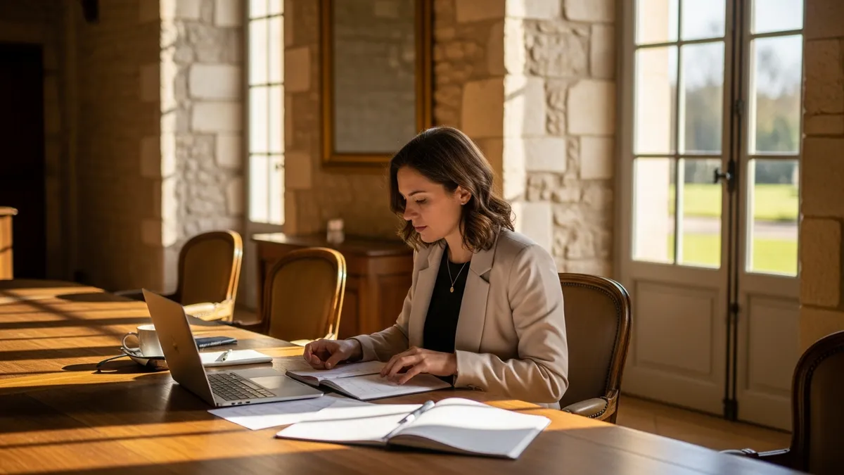 Responsable événementiel en réunion de planification dans une salle de château en Île-de-France, carnet de notes et laptop ouverts sur la table