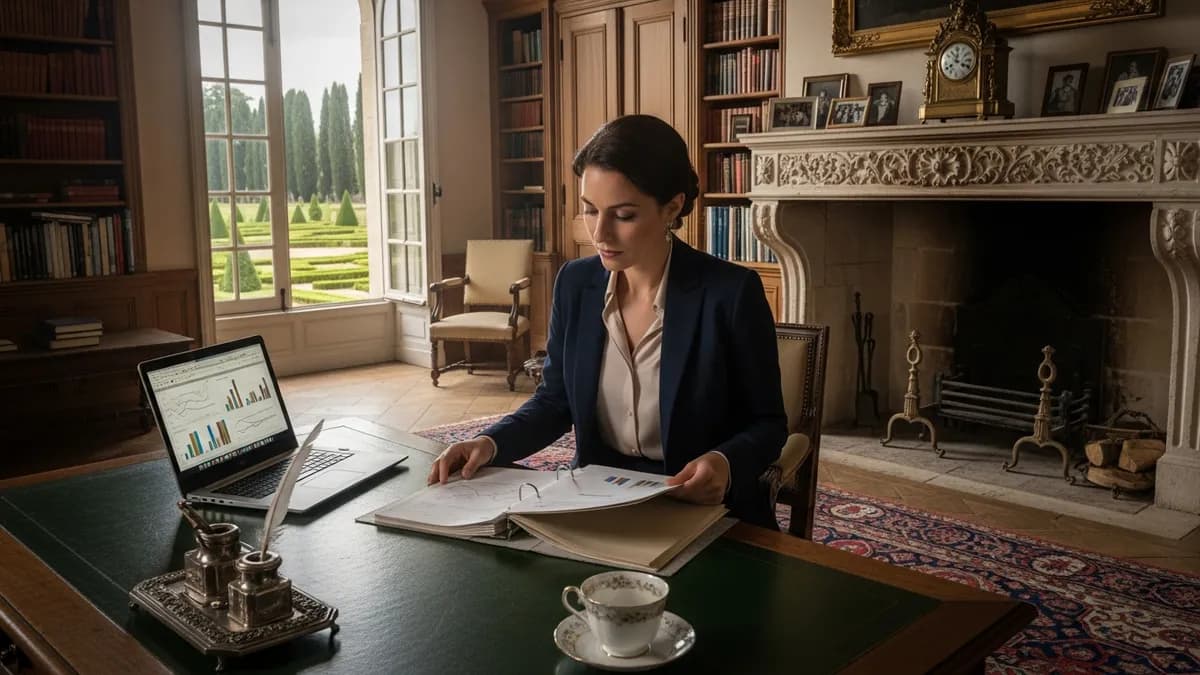 Responsable formation en château revoyant un dossier de financement OPCO avec des documents et un ordinateur, salle élégante