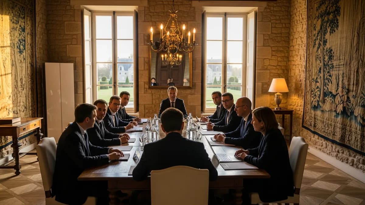 Salle de board privatisée dans un château français, grande table en bois, fenêtres sur parc à la française, dirigeants en réunion stratégique