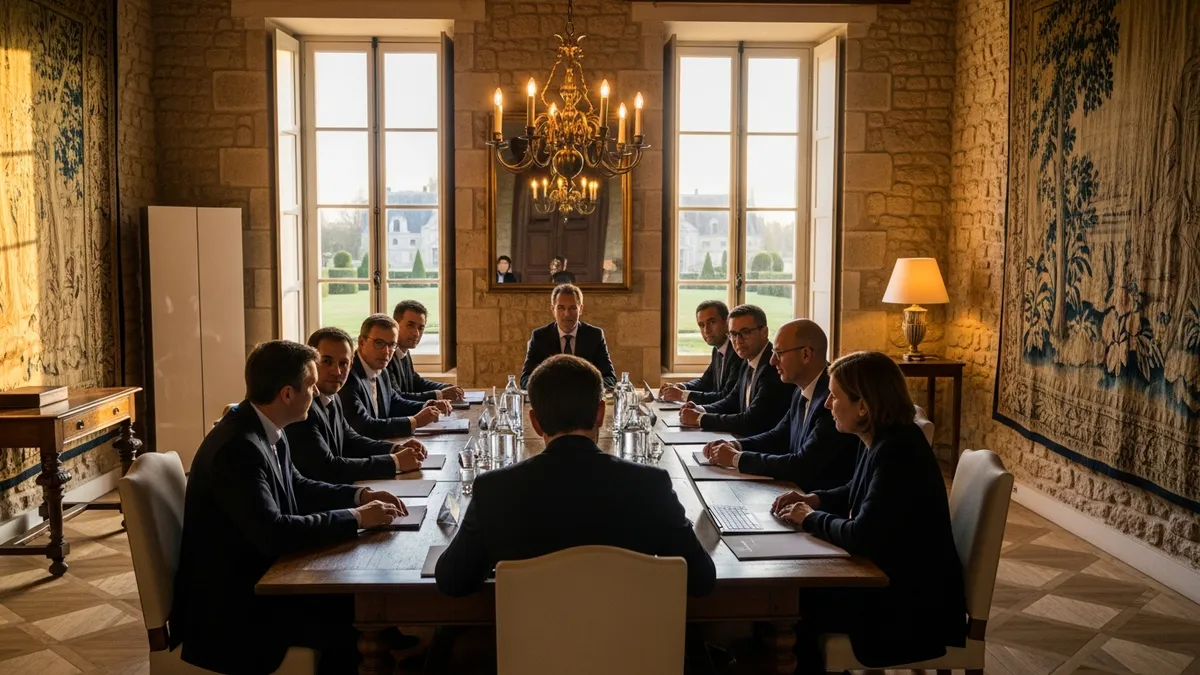 Salle de board privatisée dans un château français, grande table en bois, fenêtres sur parc à la française, dirigeants en réunion stratégique