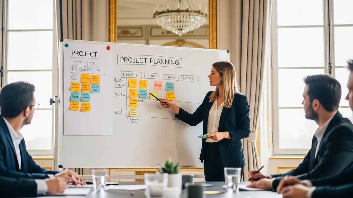 Planning organisationnel sur tableau blanc dans une salle de réunion en château, post-its colorés et calendrier, manager en train de coordonner un séminaire