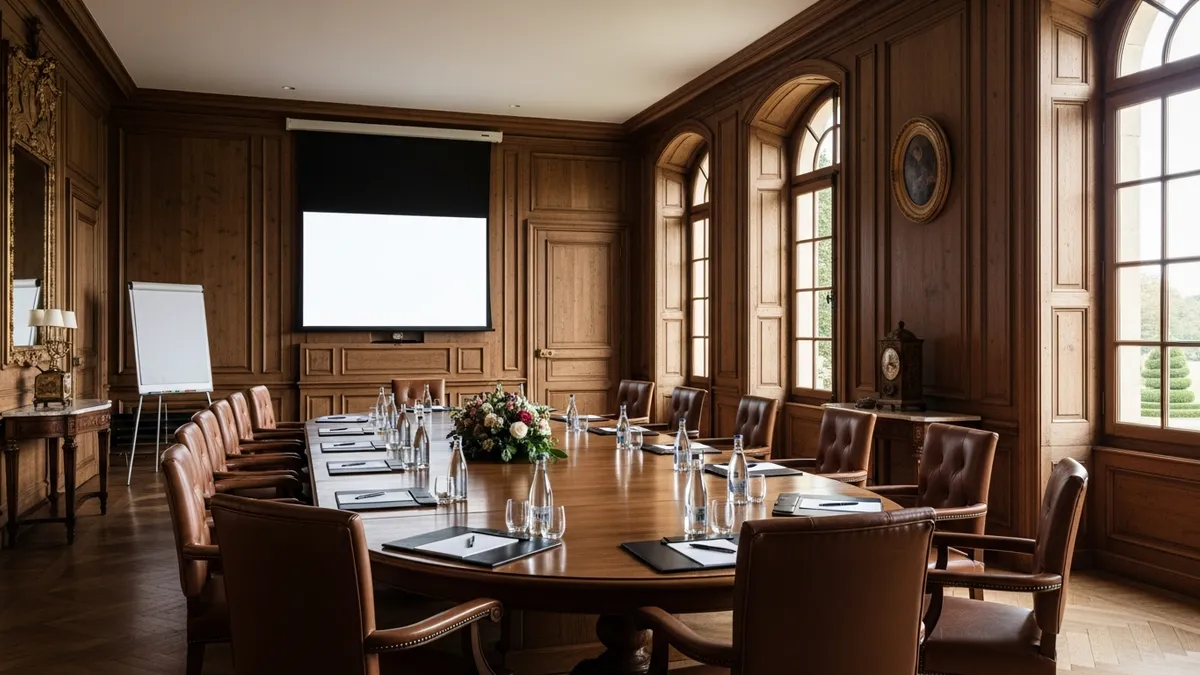 Salle de réunion de prestige dans un château pour un conseil d'administration, grande table ovale, luminosité naturelle, Île-de-France