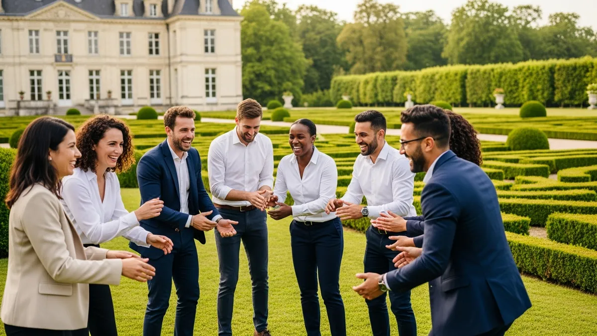 Groupe de collaborateurs réalisant un exercice de cohésion en extérieur dans un parc de château en Île-de-France