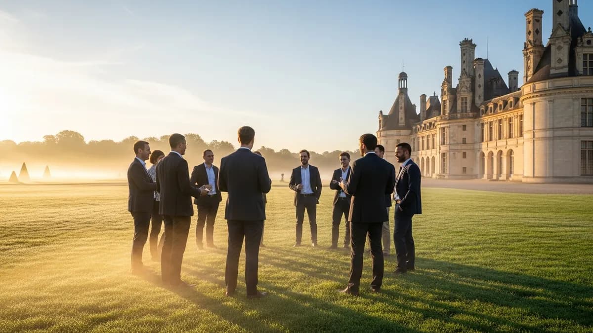 Groupe de collaborateurs en cercle sur la pelouse d'un château à l'aube, exercice de cohésion matinal, lumière dorée d'été