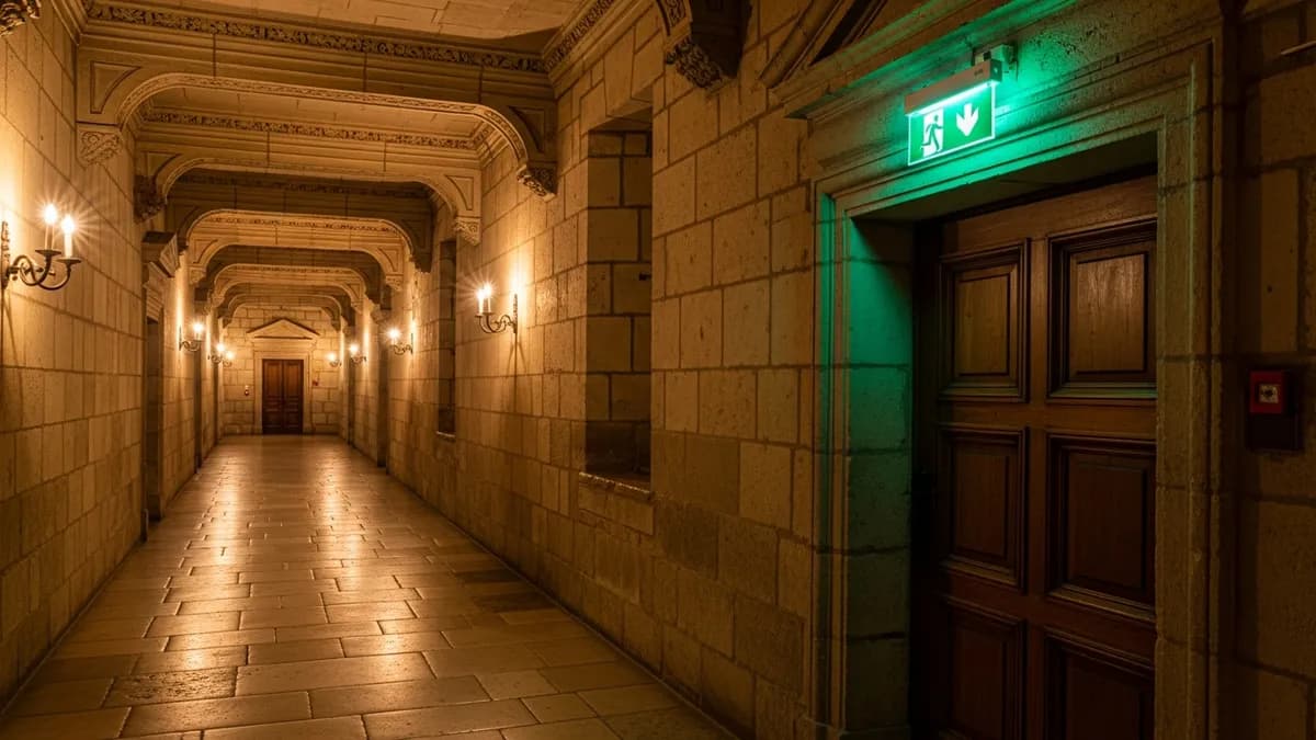 Plan d'évacuation affiché dans le couloir d'un château classique avec des participants de séminaire en arrière-plan