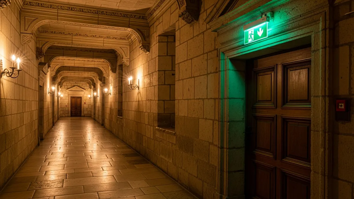 Plan d'évacuation affiché dans le couloir d'un château classique avec des participants de séminaire en arrière-plan