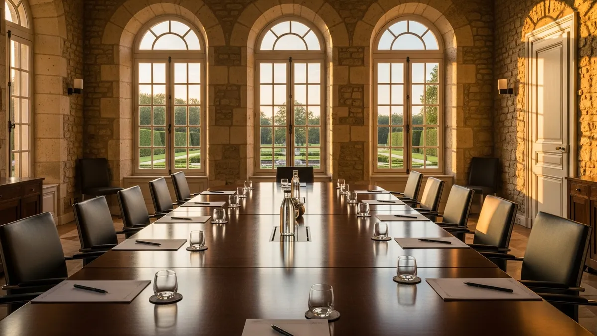 Salle de réunion élégante dans un château en Île-de-France, table de conférence en bois, fenêtres donnant sur un parc à la française, lumière naturelle dorée