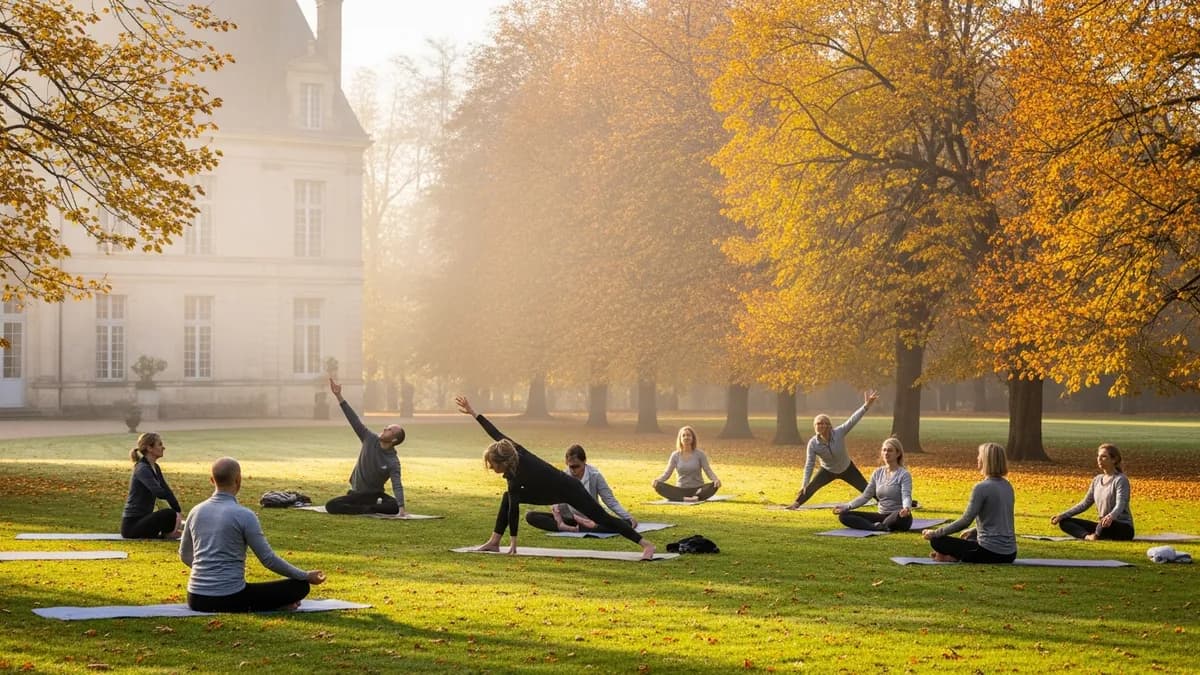 Groupe de collaborateurs en séance de yoga matinale dans le parc d'un château Île-de-France en automne, feuillages dorés