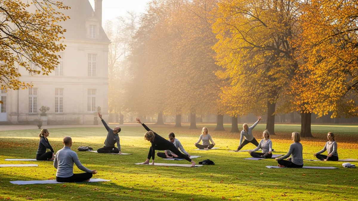 Groupe de collaborateurs en séance de yoga matinale dans le parc d'un château Île-de-France en automne, feuillages dorés