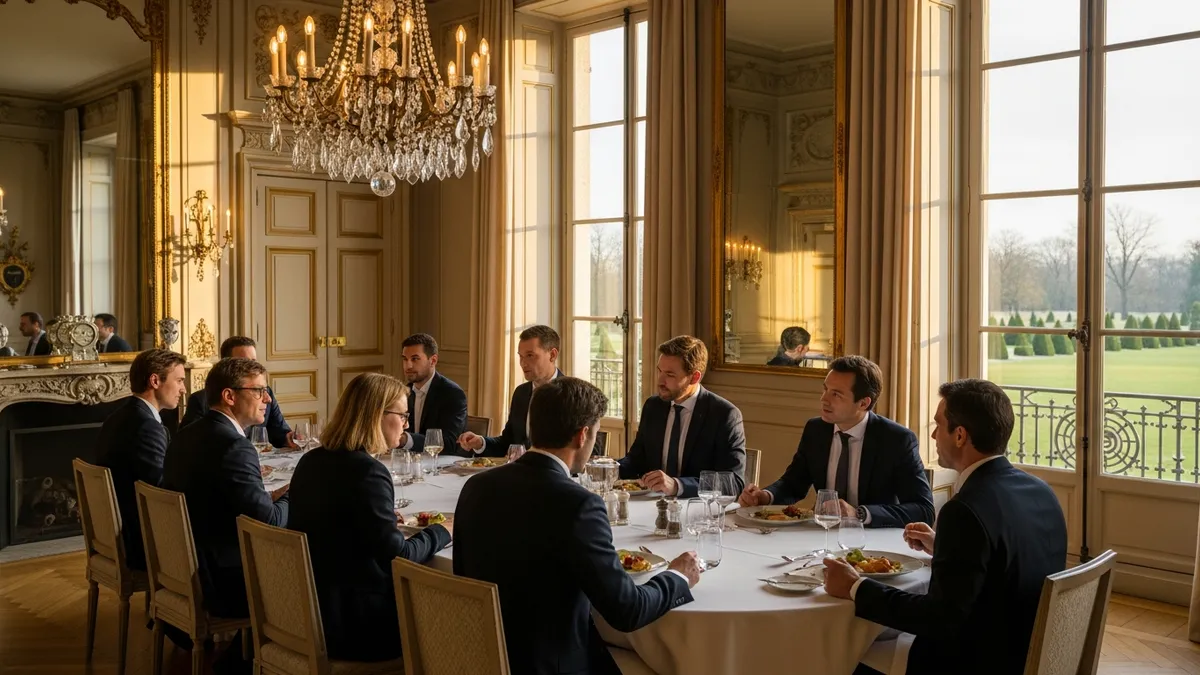 Dirigeants et partenaires d'entreprise en réunion conviviale dans un château en Île-de-France, ambiance networking haut de gamme