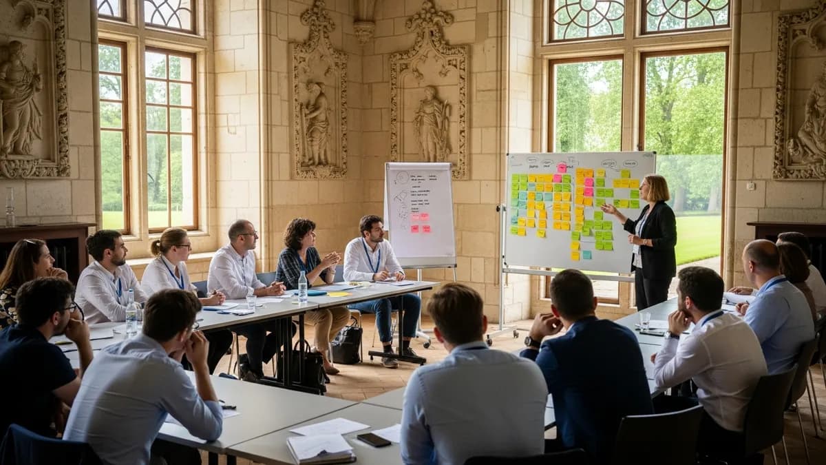 Atelier de communication d'équipe dans une salle de château en Île-de-France, collaborateurs autour de tables en U, post-its colorés, facilitatrice debout devant un tableau blanc