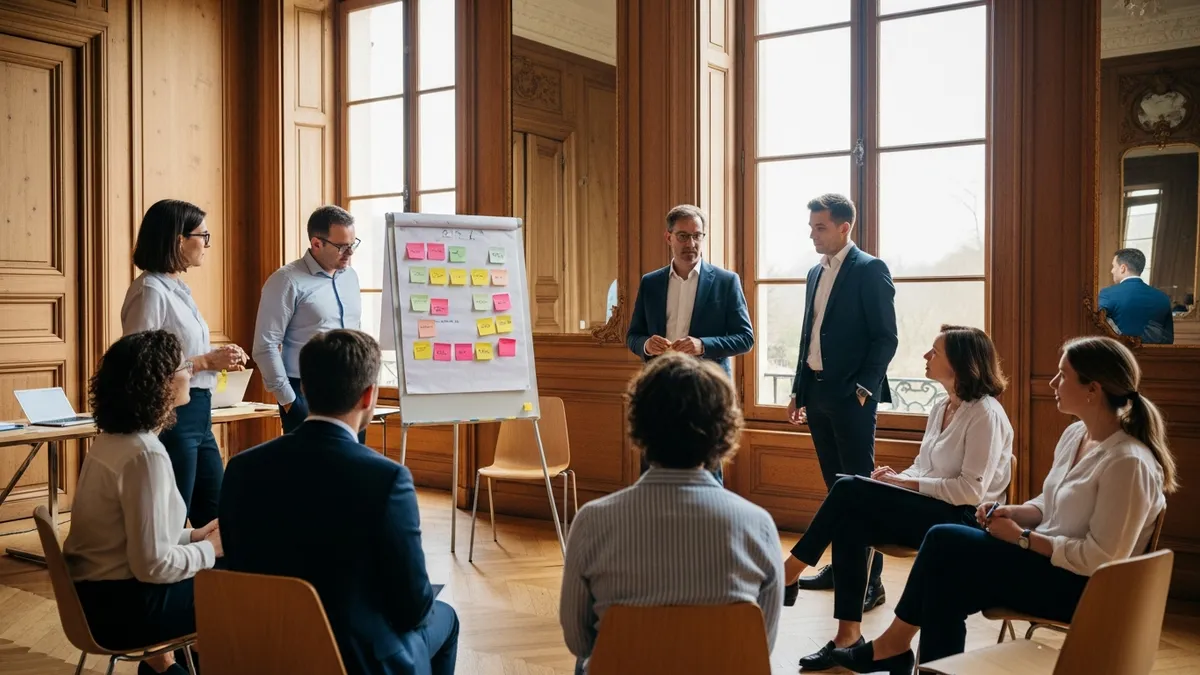 Dirigeants et managers autour d'une table de séminaire dans un salon de château en Île-de-France, atmosphère de travail collaboratif et de dialogue ouvert