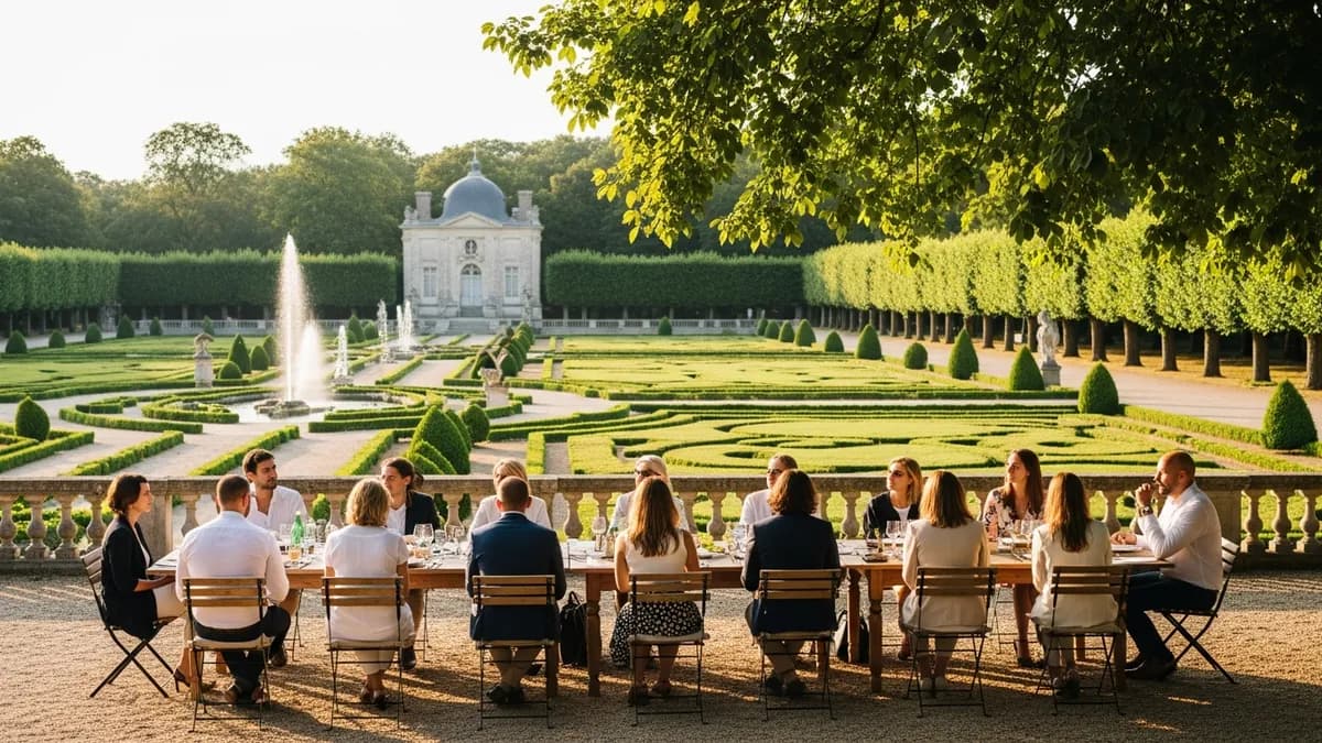 Terrasse d'un château d'Île-de-France en été avec participants d'un séminaire en plein air, jardins à la française, lumière dorée de fin d'après-midi